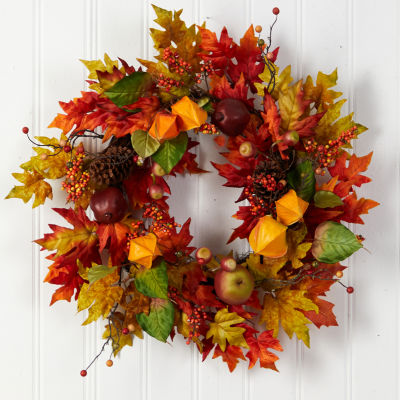 Nearly Natural "24"" Maple Leaf And Berries Faux" Indoor Wreath