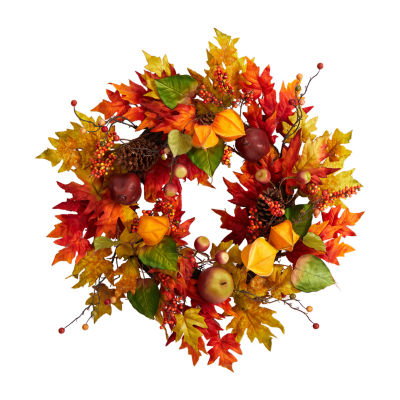 Nearly Natural "24"" Maple Leaf And Berries Faux" Indoor Wreath