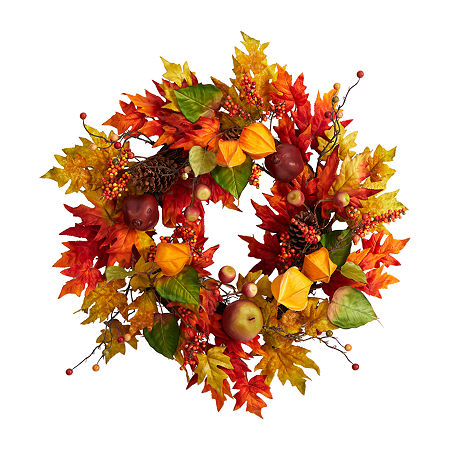 Nearly Natural 24 Maple Leaf And Berries Faux Wreath, One Size, Orange