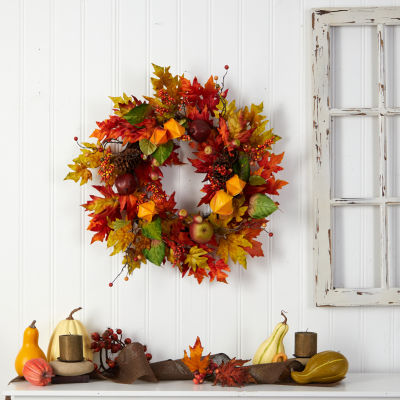 Nearly Natural "24"" Maple Leaf And Berries Faux" Indoor Wreath