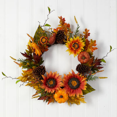 Nearly Natural 24" Fall Sunflower Arrangement Faux Wreath