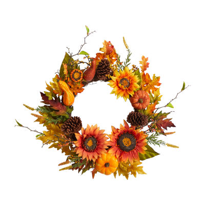 Nearly Natural 24" Fall Sunflower Arrangement Faux Wreath