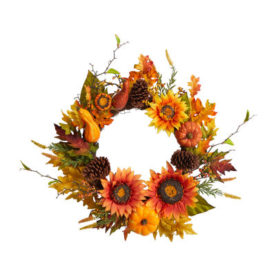 Nearly Natural "24"" Fall Sunflower Arrangement Faux" Indoor Wreath