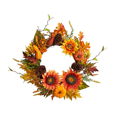 Nearly Natural 24 Fall Sunflower Arrangement Faux Wreath, One Size, Orange