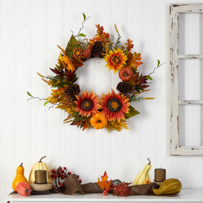 Nearly Natural 24" Fall Sunflower Arrangement Faux Wreath