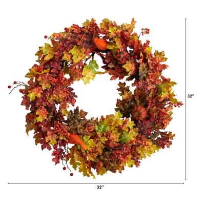 Nearly Natural 32" Leaf Berries & Pumpkin Faux Wreath