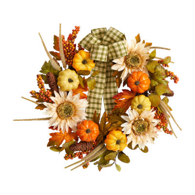 Nearly Natural 24" Fall Pumpkin Sunflower Faux Wreath