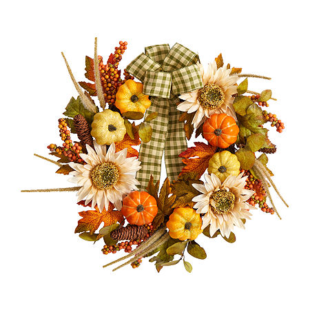 Nearly Natural 24 Fall Pumpkin Sunflower Faux Wreath, One Size, Orange