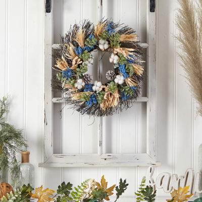 Nearly Natural Faux Cotton & Eucalyptus Blue Wreath