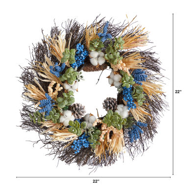 Nearly Natural Faux Cotton & Eucalyptus Blue Wreath