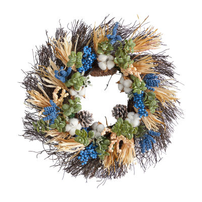 Nearly Natural Faux Cotton & Eucalyptus Blue Wreath