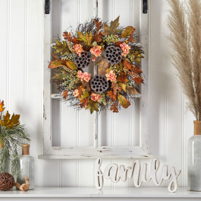 Nearly Natural "22"" Hydrangea Dried Lotus Pod Faux" Wreath