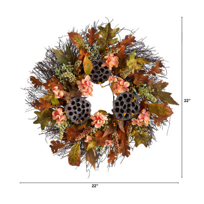 Nearly Natural "22"" Hydrangea Dried Lotus Pod Faux" Wreath