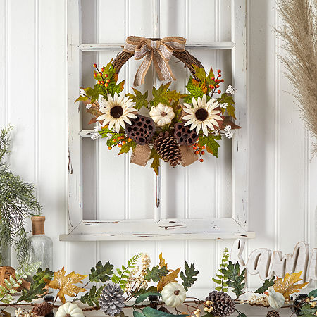 Nearly Natural 20 Autumn Faux With Bow Wreath, One Size, Green