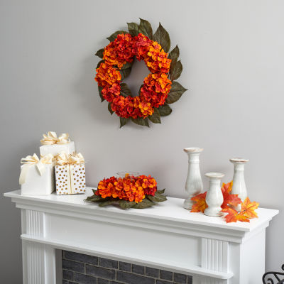 Nearly Natural 20" Faux Hydrangea Orange Wreath