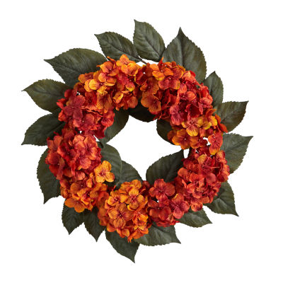 Nearly Natural 20" Faux Hydrangea Orange Wreath
