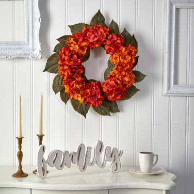 Nearly Natural 20" Faux Hydrangea Orange Wreath