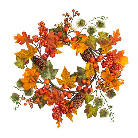 Nearly Natural 6.5 Faux Hydrangea & Pinecones Wreath, One Size, Orange