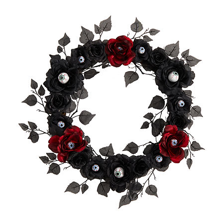 Nearly Natural 24 Eyeball Rose Halloween Faux Wreath, One Size, Black