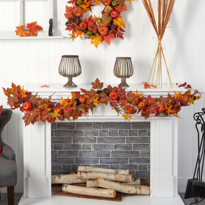 Nearly Natural Maple Pumpkin Gourd & Berry Faux Thanksgiving Garland