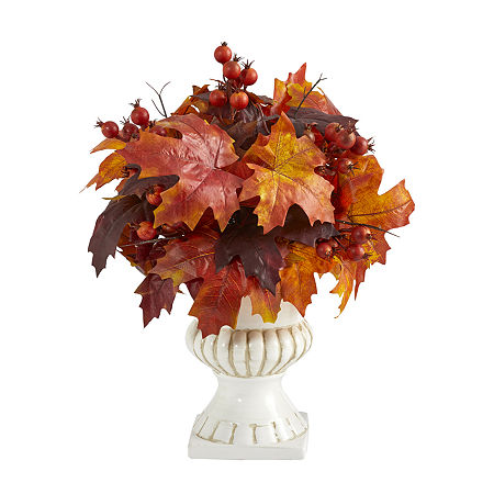 Nearly Natural Maple Leaf Berries In Urn Artificial Plant, One Size, Orange