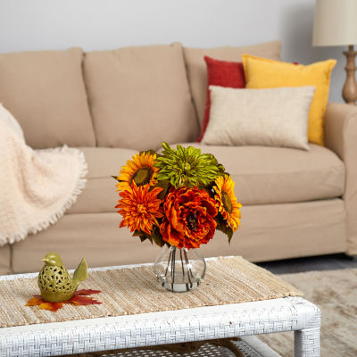 Nearly Natural 12" Faux Peony Dahlia & Sunflower Floral Arrangement