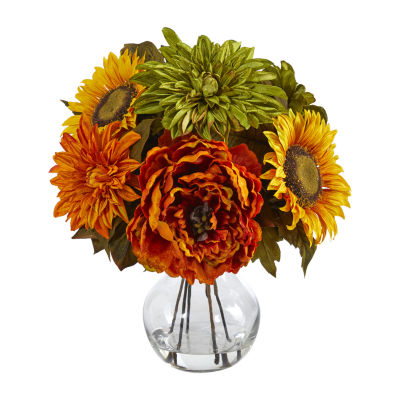 Nearly Natural 12" Faux Peony Dahlia & Sunflower Floral Arrangement