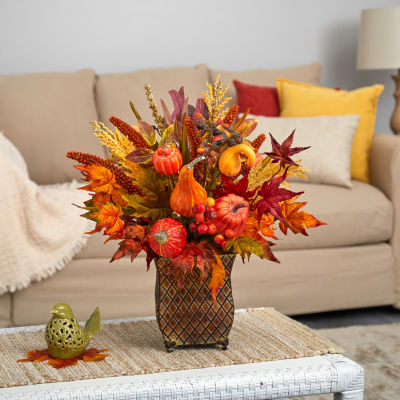 Nearly Natural Faux Pumpkin Maple Leaf & Sorghum Floral Arrangement