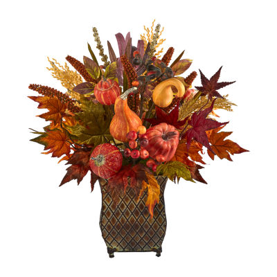 Nearly Natural Faux Pumpkin Maple Leaf & Sorghum Floral Arrangement