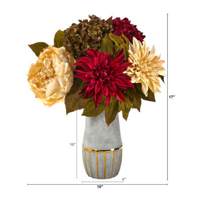 Nearly Natural 17" Faux Peony Hydrangea & Dahlia Floral Arrangement