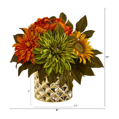 Nearly Natural 11" Faux Peony Dahlia & Sunflower Floral Arrangement