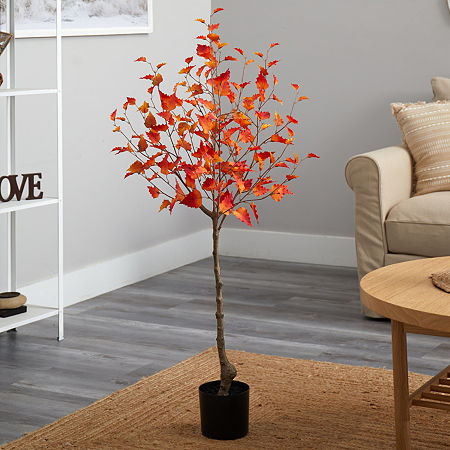 Nearly Natural 4ft Fall Birch Autumn Artificial Plant, One Size, Orange