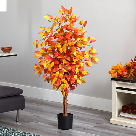 Nearly Natural 4ft Autumn Ficus Fall Artificial Plant, One Size, Orange