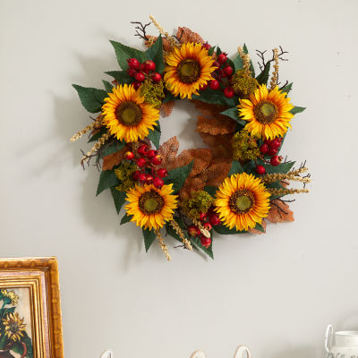 Nearly Natural 27" Sunflower Berry Faux Wreath
