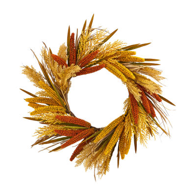 Nearly Natural "25"" Sorghum Harvest Faux" Indoor Wreath