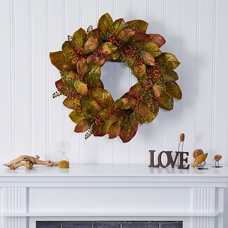 Nearly Natural Fall Magnolia Artificial Wreath, One Size, Green