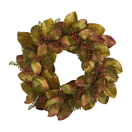 Nearly Natural Fall Magnolia Artificial Wreath, One Size, Green