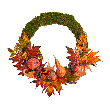 Nearly Natural Faux Pumpkin Gourd & Maple Leaf Wreath, One Size, Orange