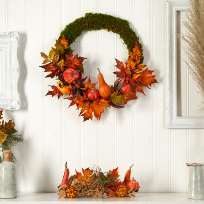 Nearly Natural Faux Pumpkin Gourd & Maple Leaf Wreath