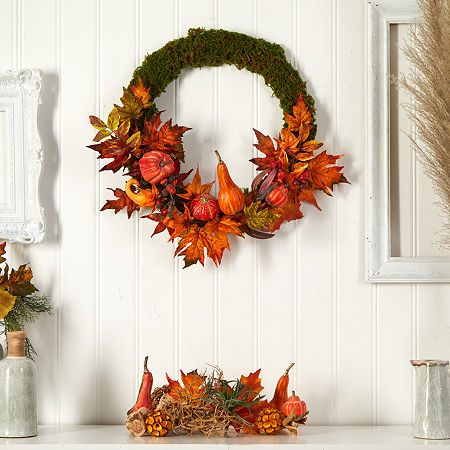 Nearly Natural Faux Pumpkin Gourd & Maple Leaf Wreath, One Size, Orange