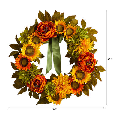 Nearly Natural 2ft Peony Dahlia & Sunflower Faux Wreath