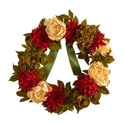 Nearly Natural 24" Peony Dahlia Hydrangea Faux Wreath