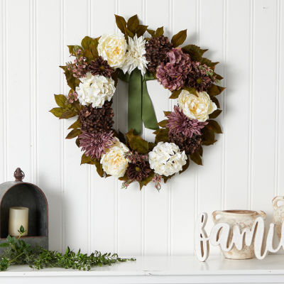 Nearly Natural 2ft Peony Dahlia & Hydrangea Faux Wreath