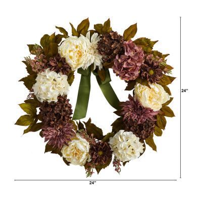 Nearly Natural 2ft Peony Dahlia & Hydrangea Faux Wreath