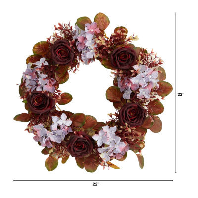 Nearly Natural "22"" Fall Hydrangea & Rose Faux" Wreath