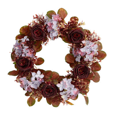 Nearly Natural "22"" Fall Hydrangea & Rose Faux" Indoor Wreath