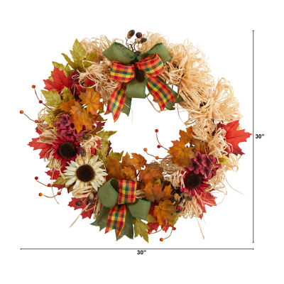 Nearly Natural 30" Harvest Faux With Bows Wreath