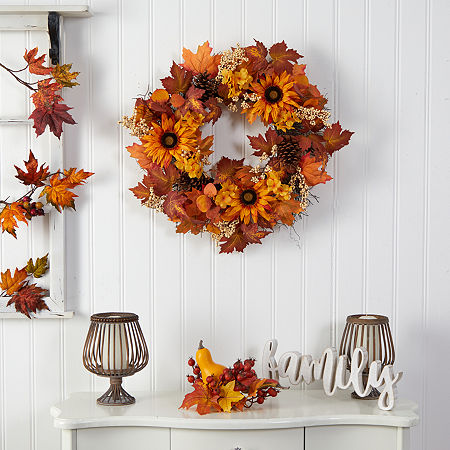 Nearly Natural 28 Autumn Faux Arrangement Wreath, One Size, Orange