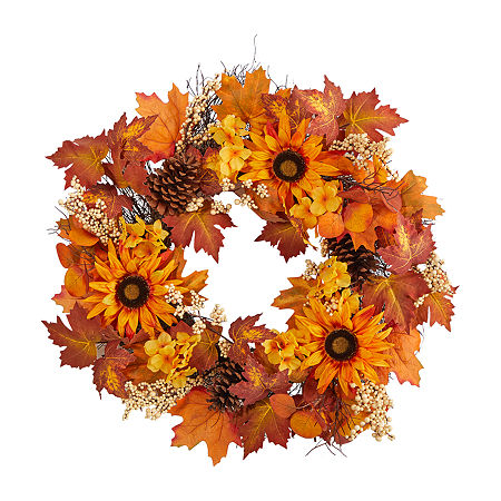 Nearly Natural 28 Autumn Faux Arrangement Wreath, One Size, Orange