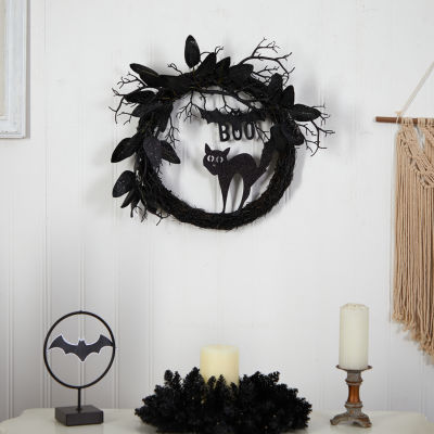 Nearly Natural 22" Black Cat & Bat Twig Wreath